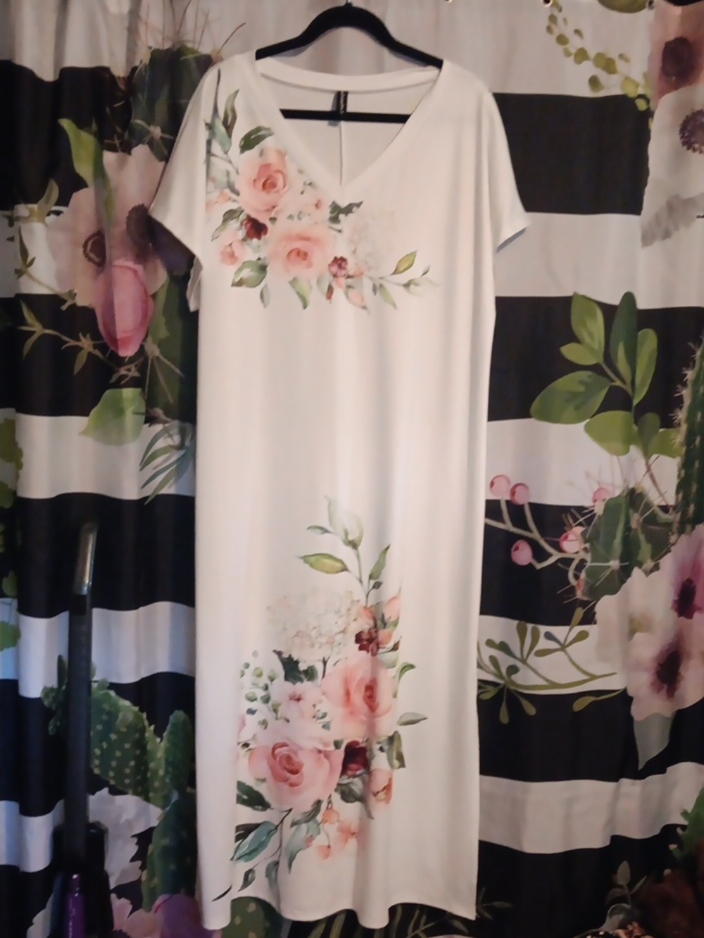 White Floral V-Neck Maxi Dress with Blush Rose Print